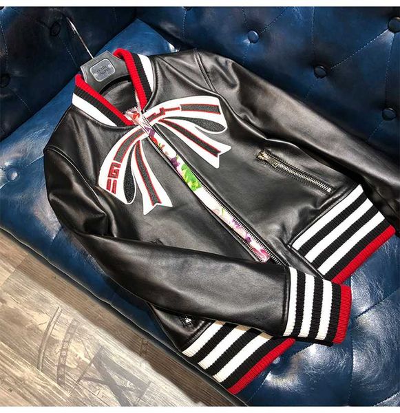 

2019 spring autumn women striped bow sheepskin genuine leather baseball jackets floral print lining real leather coats w1780, Black