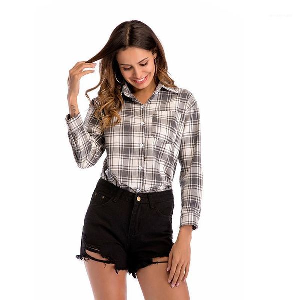 

single breasted womens designer shirts casual females clothing plaid print womens designer shirts fashion pocket panlled, White