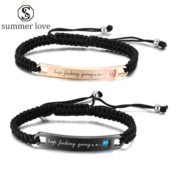 

couple inspirational cz bracelets diy lettering keep fucking going stainless steel braid bangle bracelet adjust wedding valentine's day, Black