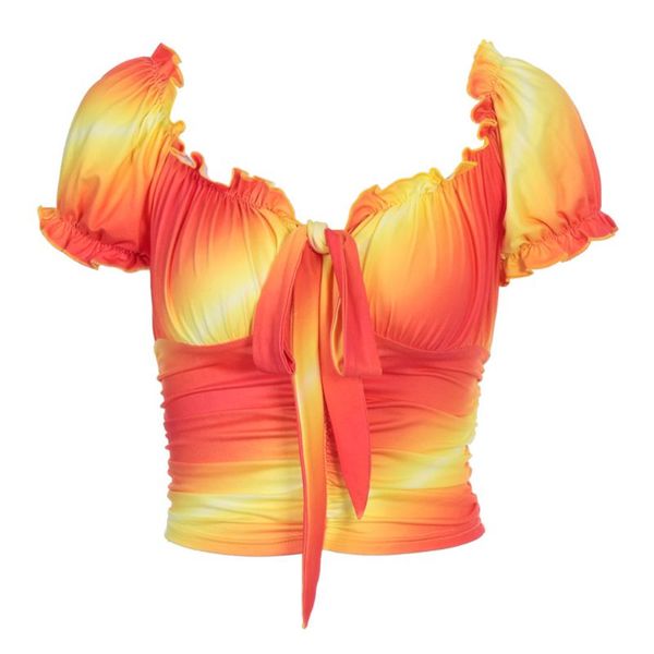 

женщины лето с коротким рукавом оборками crop top sexy с плеча ruched lace-up футболка gradient tie-dye полосатой тонкий партии, White