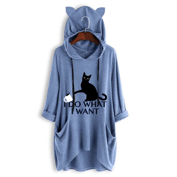 

large size women's hoodies casual print cat ear hooded long sleeves pocket irregular blouse shirt overalls sudadera mujer, Black