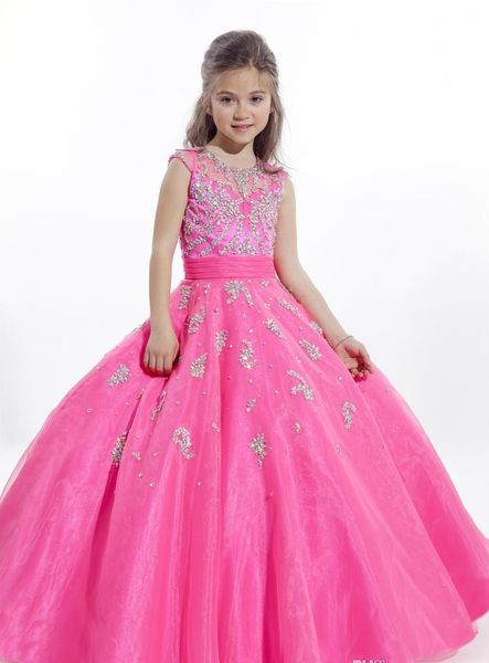 Abiti da spettacolo per bambine sfarzosi di bellezza Abito da ballo Perline gioiello Applique Blu e fucsia Lunghezza pavimento Abiti da ragazza di fiori per bambini HY0794