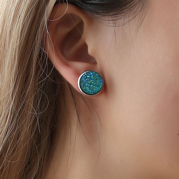 

12mm starry sky stud earrings natural stone geometric circular frosted ear studs stainless steel earring jewelry dhl free, Golden;silver