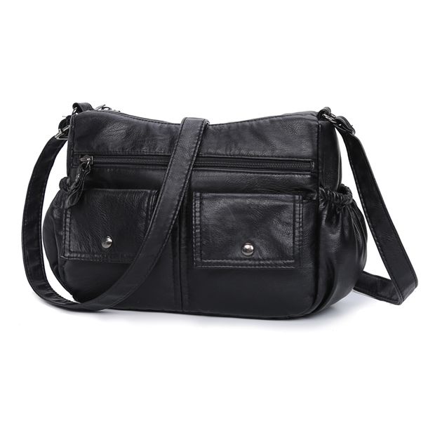 

new women messenger bags vintage casual tote small crossbody shoulder bags multi pocket washed pu leather handbags black