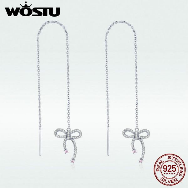 

wostu genuine 925 sterling silver bow knot long line earrings for women zircon hoop earrings wedding engagement jewelry dae047, Golden