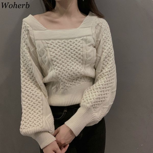 

woherb women sweater puff sleeve matching pullover women vintage square collar knitting crop pull korean new fashion jumper, White;black