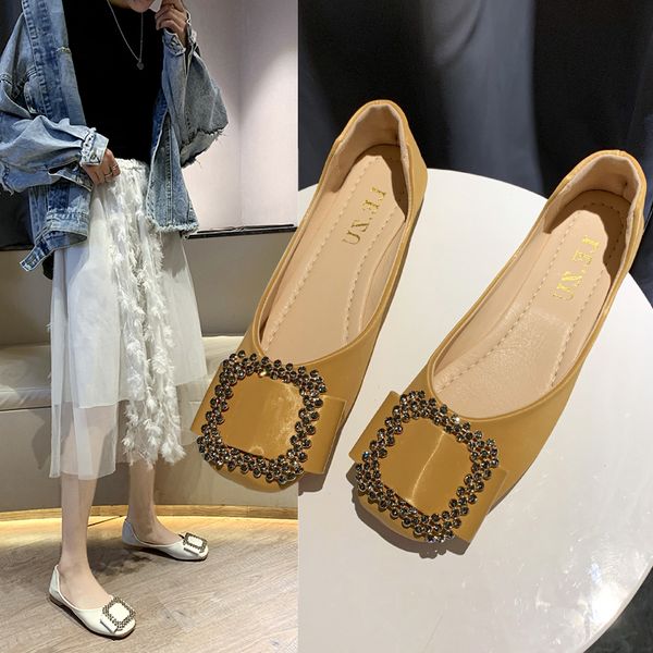 

shoes woman flats square toe elegant crystal buckle all-match shallow mouth casual female sneakers 2020 fashion women's dress, Black