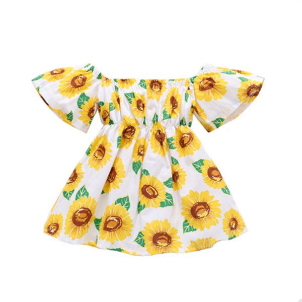 

summer dress girl sunflower print off the shoulder bohemian beach dress little girls clothing mustard yellow baby robe kid dhl fj469, Red;yellow