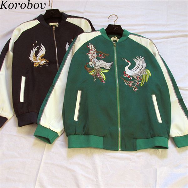 

korobov cartoon embroidery women jackets 2019 new arrival o-neck female coats vintage zipper mujer outwear jacket 76693, Black;brown