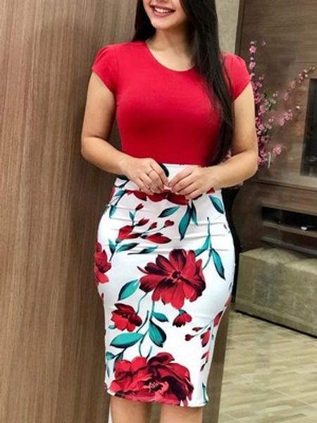

red 2019 women dresses short sleeve floral print patchwork slim bodycon dress cocktail party pencil dress, Black