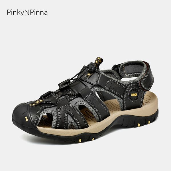 

2019 summer sandals for men genuine leather soft flat closed toe gladiator casual driving hiking outdoor beach holiday shoes, Black