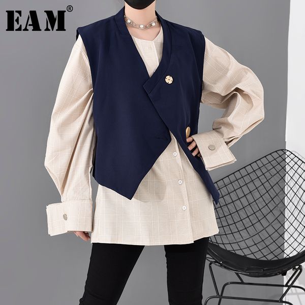 

eam] женщины контрастный цвет сплит две части блузка новый v-образный воротник с длинным рукавом свободная посадка рубашка мода весна осень, White