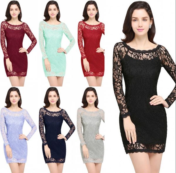 

short lace long sleeves vintage party dress sheath prom evening formal gown mini womne casual club wear, Black