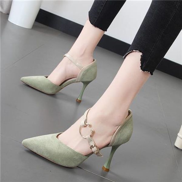 

2019 spring and summer new pointy velvet black word buckle fashion one-shoe green light mouth young female high heels