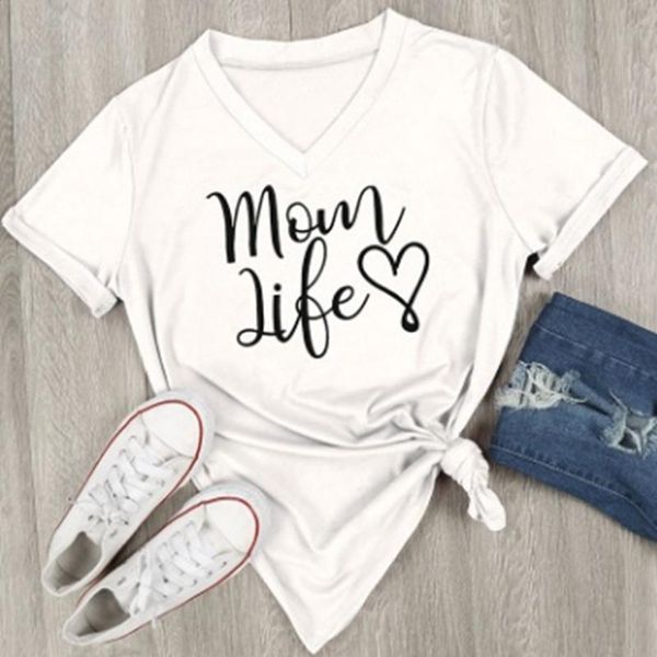 

new summer casual t shirt female tee loose fashion women t-shirts mom life letter printed v -neck short sleeve fine, White