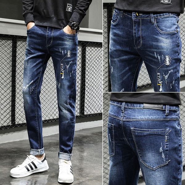 

mens designer jeans youth casual fashion slim long stretch pants, Blue