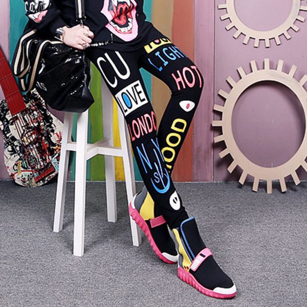 

2019 autumn fashion letter pattern leggings women slim elasticity pants cartoon winter thick leggings, Black