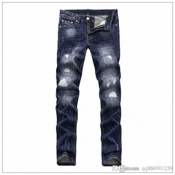

2019 new men's straight ripped skinny jeans fashion designer mens jeans causal mens denim pants motor biker jeans hip hop plus size 28, Blue