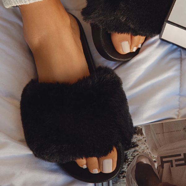 

vicabo women slippers flurry fur mules shoes ladies comfortable slides rhinestones casual slipper 2020 summer candy color shoe, Black