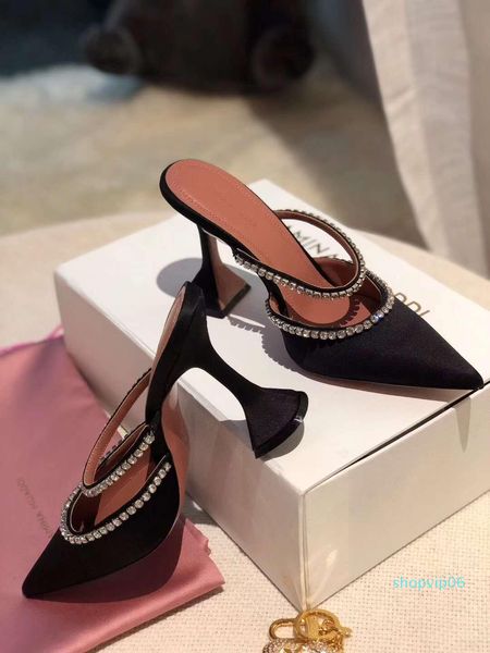 

official quality amina gilda 70 embellished mules muaddi silver glitter rainbow strap mules woman satin leather shoes, Black