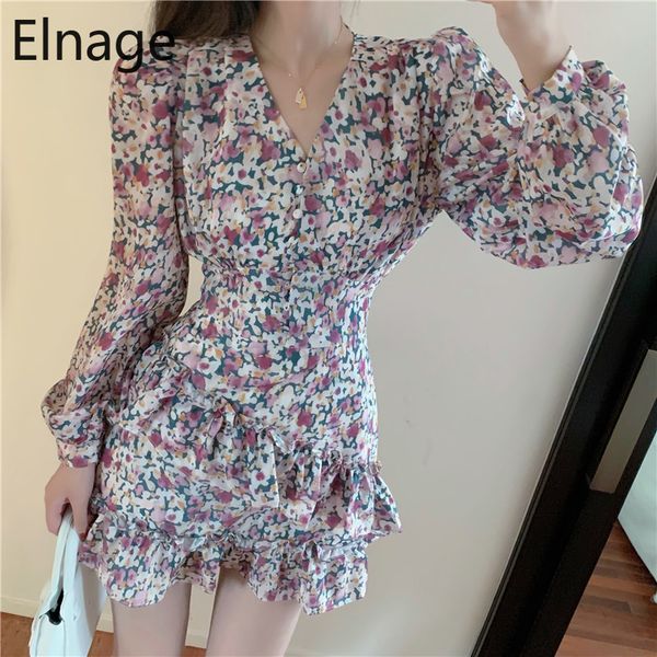 

elnage v neck slim short sleeve floral dress chiffon ruffled vintage robe femme spring summer vestidos women clothing 5a626, Black;gray
