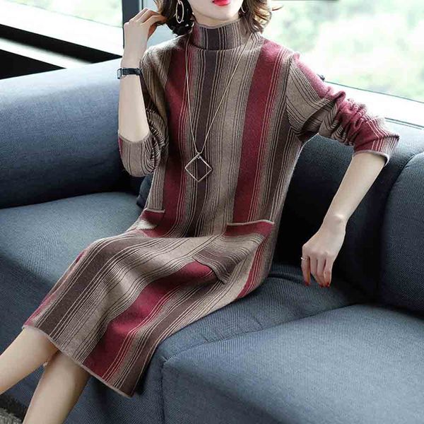 

2019 autumn and winter new fashion striped knitted dress mid-length knee-length sweater skirt women, Black;gray