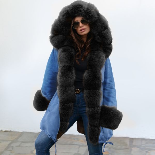 

fashion women designer coat jacket with fur luxury winter coats keep warm jackets long style outdoor wear coats size s-2xl, Black