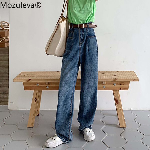 

mozuleva vintage high waist women jeans pants leisure loose wide leg jeans korean style all-match full-length women denim, Blue