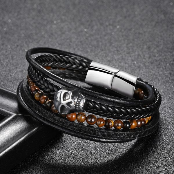 

punk skull charm bracelet multi-layer braided rope leather bracelet men stainless steel cuff 2020 handmade gifts, Golden;silver