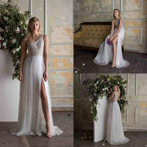 

limor rosen 2019 beach wedding dresses one shoulder lace applique beading backless tulle side split bridal gowns bohemia robe de mariÃ©e, White