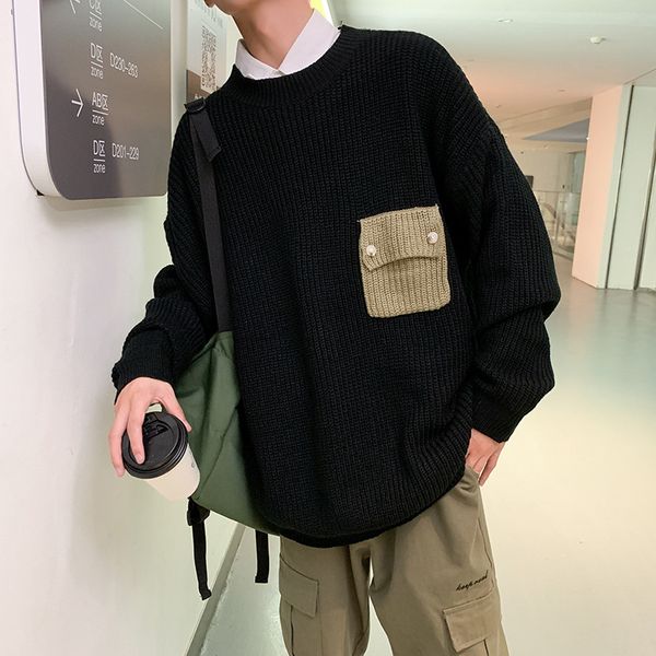 

winter sweater men's warm fashion solid color casual o-neck knitted pullover mens loose knitting sweaters male sweter clothes, White;black