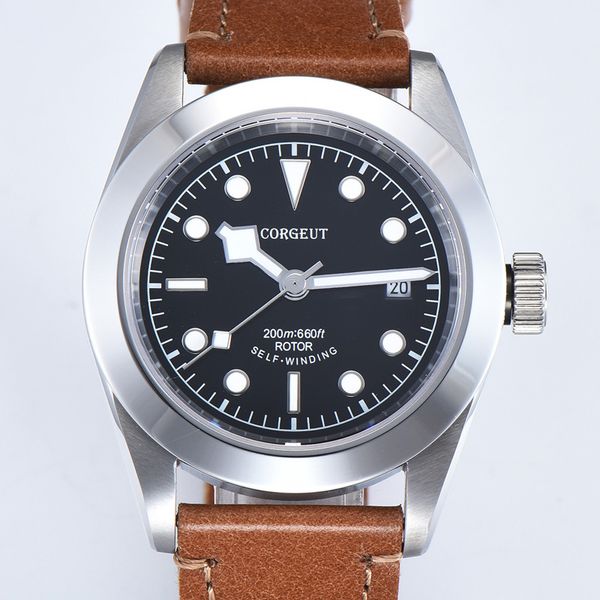 

corgeut 41mm automatic mechanical men watch luminous diver calendar clock leather strap male wristwatch, Slivery;brown