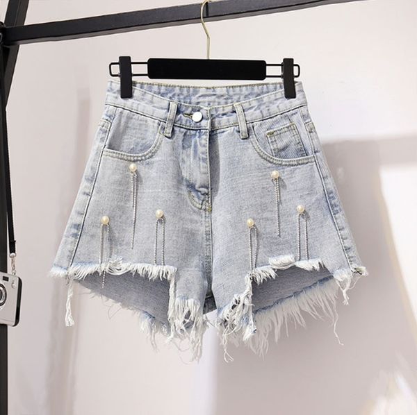 

women's two piece pants women blouse jeans shorts set 2021 summer v-neck pearl tassel high waist suits solid denim outfits, White