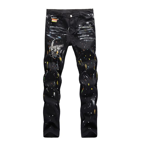 

kiovno high street drill painted jeans pants hip hop skull denim trousers for male streetwear size 28-42, Blue