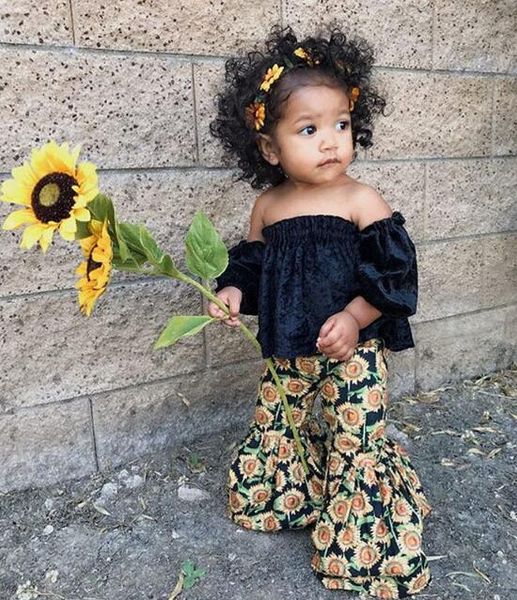 

2pcs toddler kids girl clothing set off shoulder tank +sunflower bell bottom trouser outfits children summer clothes, White