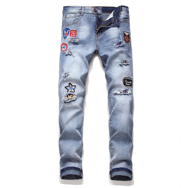 

men jeans embroidery leisure pants male slim fit personality hole oem blue straight cylinder jeans zi male