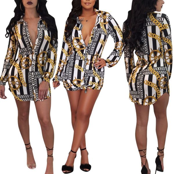 

spring women designer clothes autumn shirt dress gold chains printed casual dresses, Black;gray