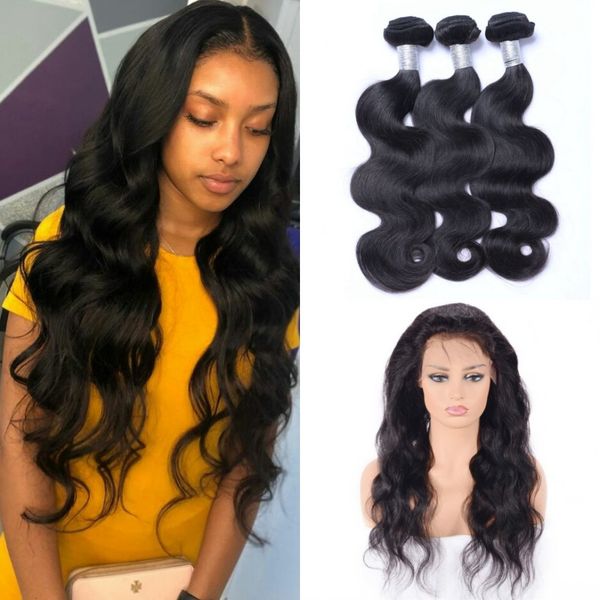 

body wave 360 lace frontal with bundles natural color indian human hair 3 bundles with closure non remy hair, Black;brown