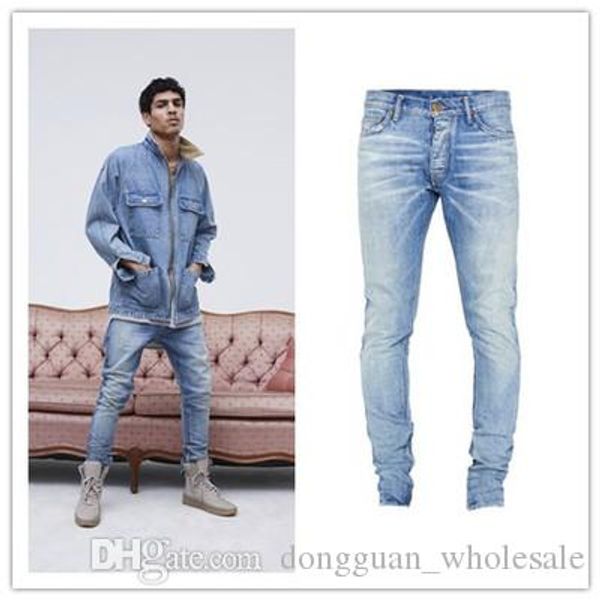 

high street fashion men pants jeans 2018 stage rockstar denim moto 29-36 fog blue kanye west fear of god skinny jeans