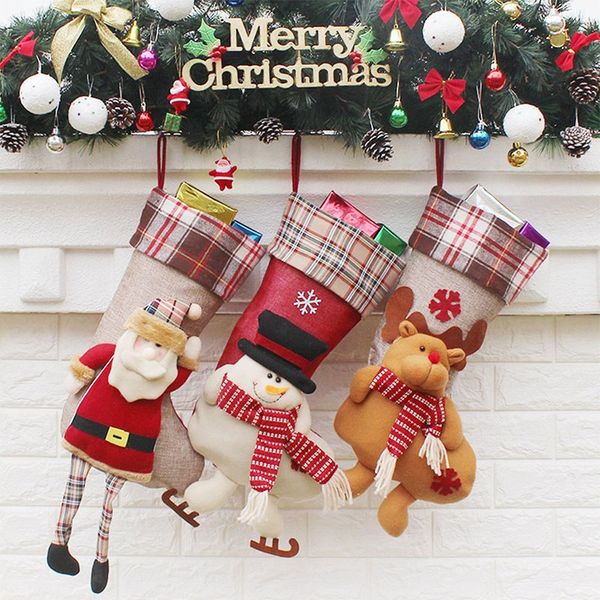 

christmas stockings (3 pack) decorations 18 inch cute santa, deer, snowman candy socks gifts bag, 3d applique style, detailed de