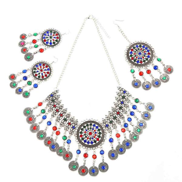 

bohemia new coin colorful diamond earrings and necklace girls pop suit, Silver