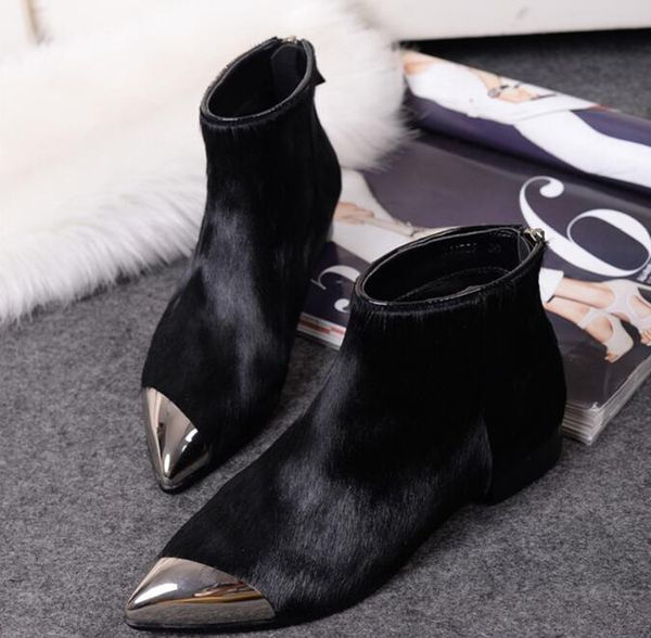 

2019 autumn/winter european black horsehair women ankle boots metal toe leather/short plush lining fashion flat boots women