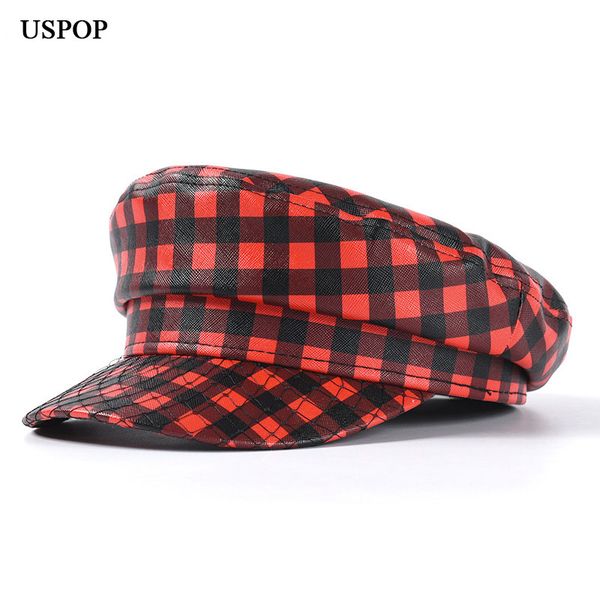 

uspop 2019 new caps women plaid newsboy caps vintage plaid pu visor couple flat top, Blue;gray