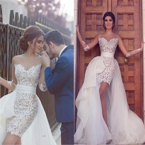 

unique design jewel neck wedding dress a line with long tail lace applique girl wedding dress see through poet long sleeve wedding dress, White