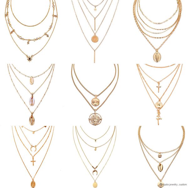 

Bohemian Multilayer Pendant Necklace For Women Fashion, Geometric Charm Chain Necklace Wholesale Jewelry