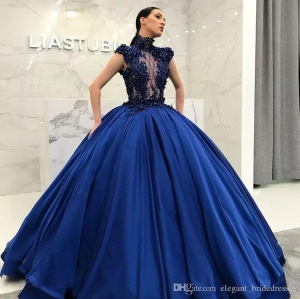 

gorgeous dubai high-neck ball gown quinceanera dresses beaded appliques see through satin prom dresses formal evening gowns vestidos, Blue;red
