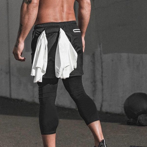 

2 in 1 men's running sports shorts male double-deck quick drying sports men shorts jogging gym men c, Black;blue