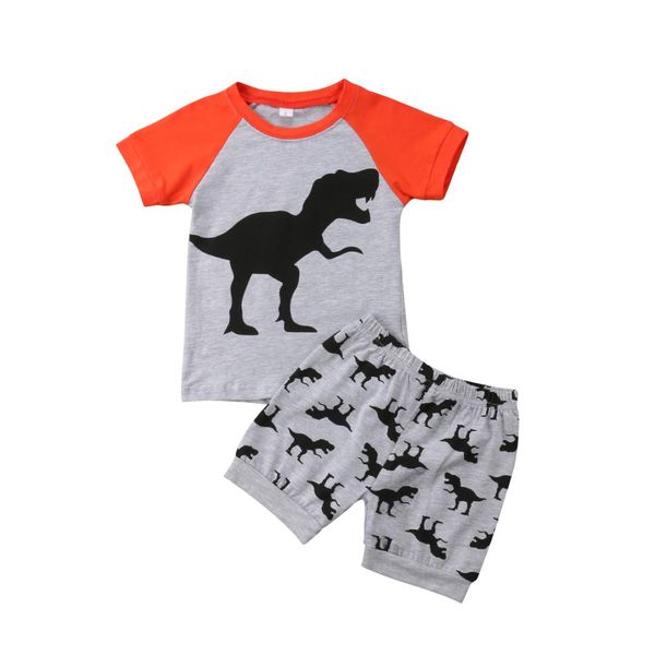 

toddler kids baby boy dinosaur stripe t-shirt short pants outfit clothes, White