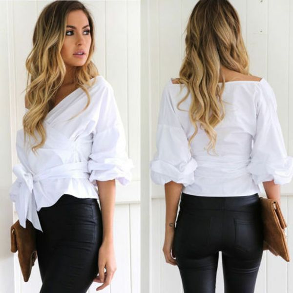 

плюс размер леди элегантный v-образным вырезом с плеча рубашки женские повседневные половина рукава свободные блузки мода стиль, White