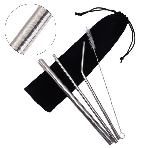 

5pcs reusable eco friendly reusable straw 304 stainless steel straw metal drinking straws set with brush & bag